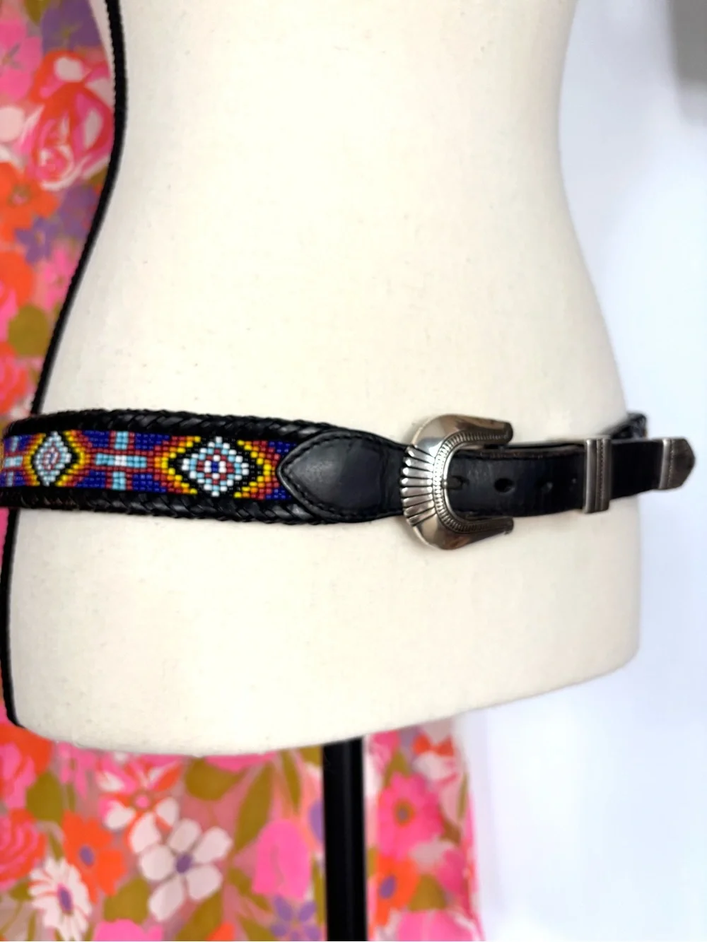 Brighton 1991 Beaded Aztec Southwest Black Braided Leather Belt Silver Buckle M‎